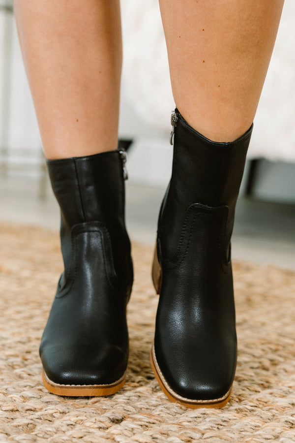Chic Soul plus size clothing, black faux leather chelsea bootie wedges with a light brown heel