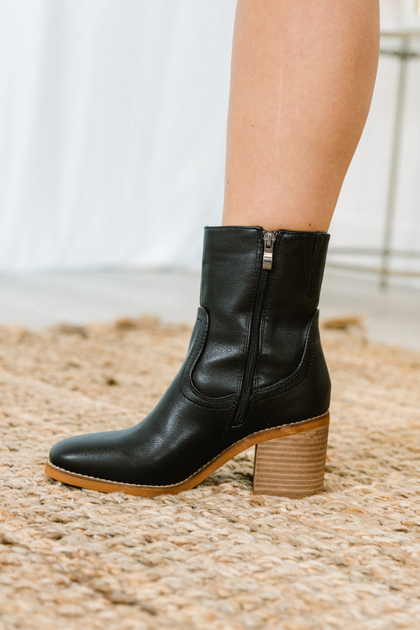 Chic Soul plus size clothing, black faux leather chelsea bootie wedges with a light brown heel