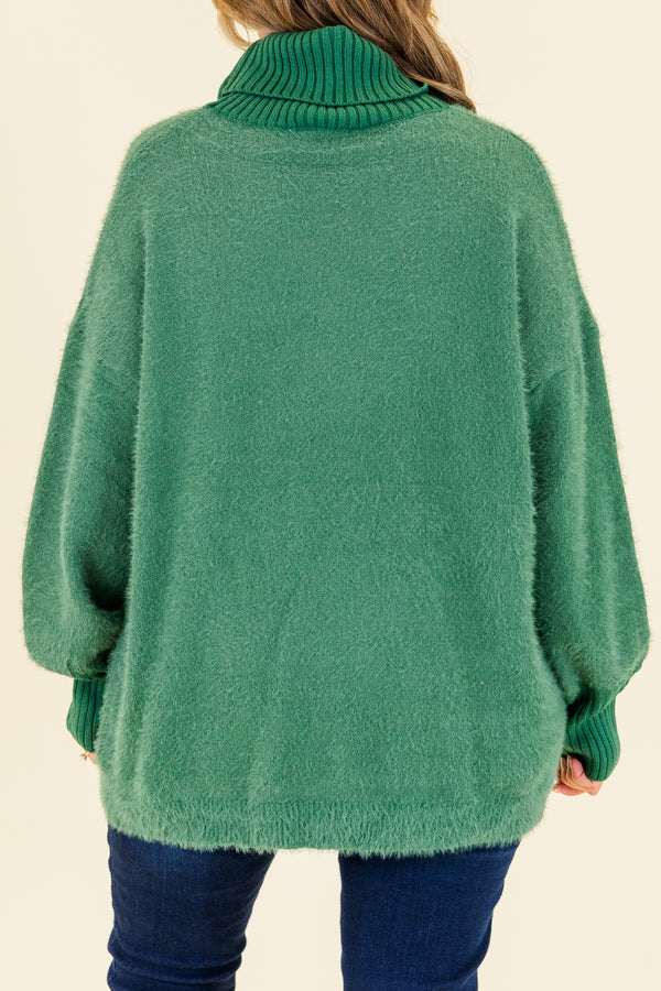 Chic Soul plus size clothing, hunter green long sleeve sweater with fuzzy body and sleeves with ribbed cuff sleeves with ribbed turtleneck detail