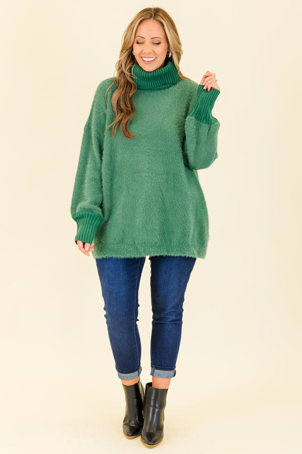 Chic Soul plus size clothing, hunter green long sleeve sweater with fuzzy body and sleeves with ribbed cuff sleeves with ribbed turtleneck detail