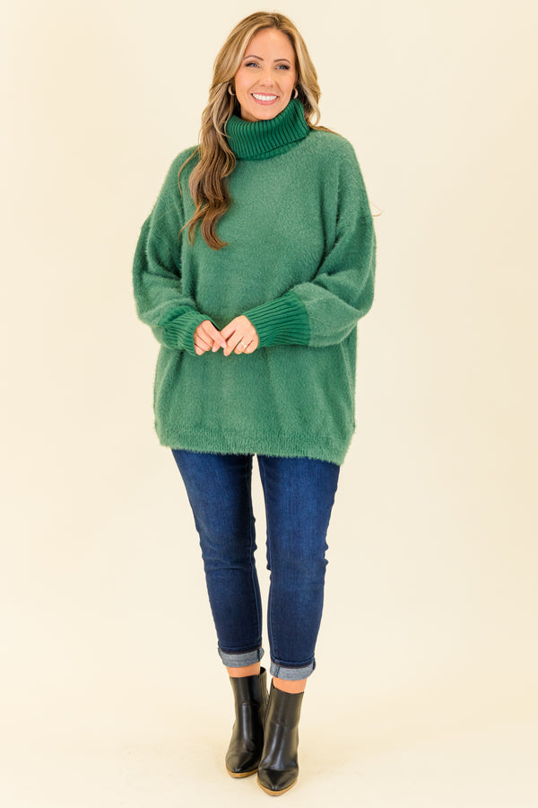 Chic Soul plus size clothing, hunter green long sleeve sweater with fuzzy body and sleeves with ribbed cuff sleeves with ribbed turtleneck detail