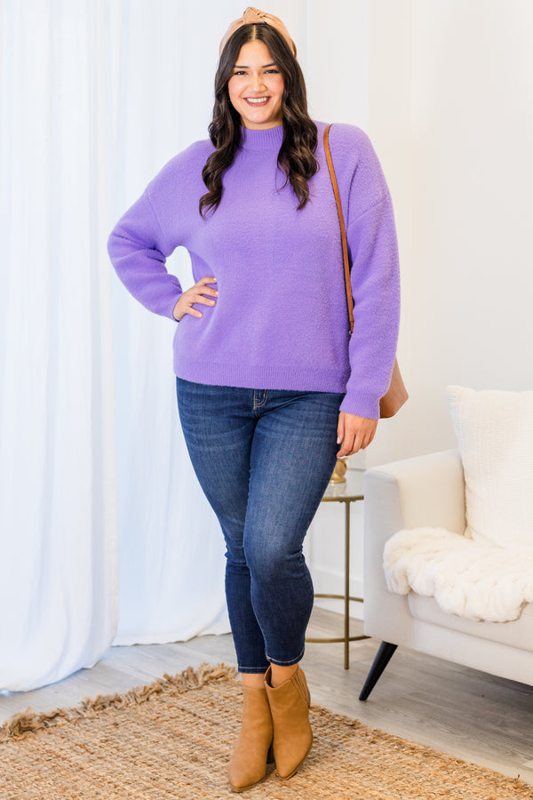 Chic Soul plus size clothing, soft knit long-sleeve solid lavender purple sweater with mock-neckline