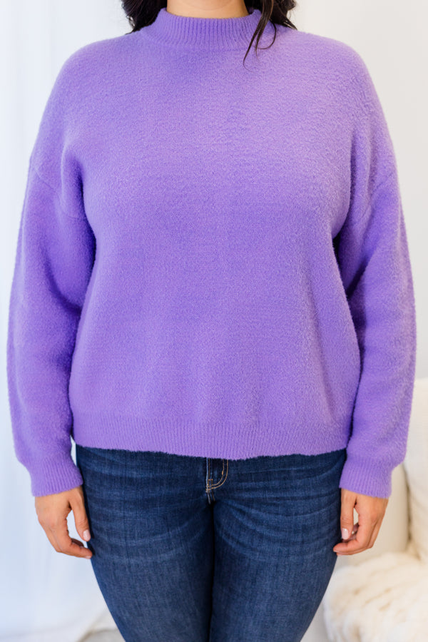 Chic Soul plus size clothing, soft knit long-sleeve solid lavender purple sweater with mock-neckline