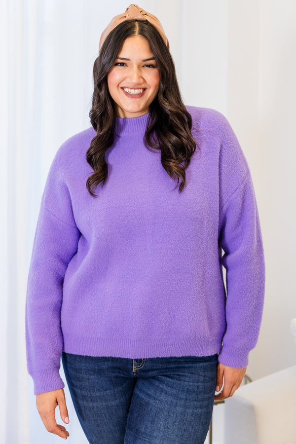 Chic Soul plus size clothing, soft knit long-sleeve solid lavender purple sweater with mock-neckline