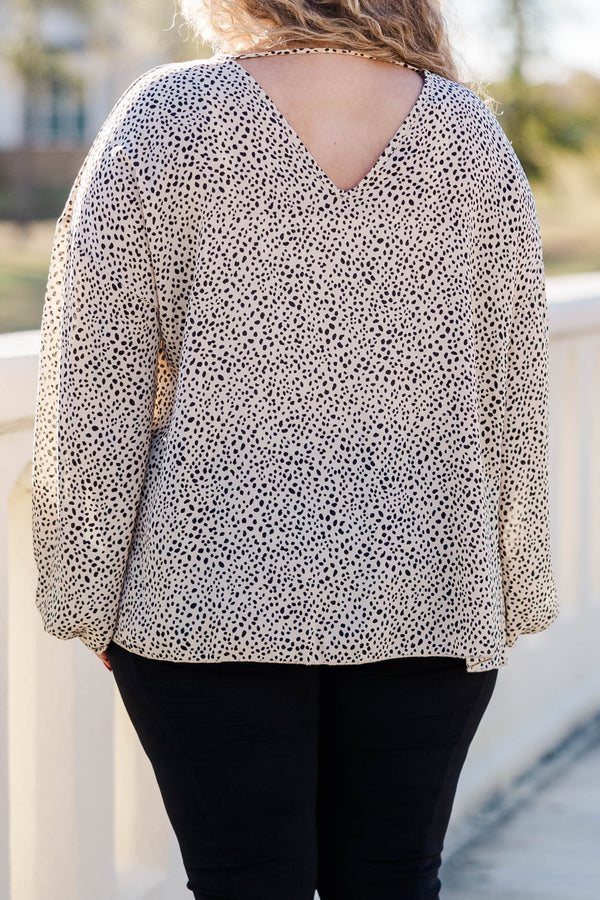 Chic Soul plus size clothing, taupe colored leopard pattern top with bubble sleeves and a v neckline