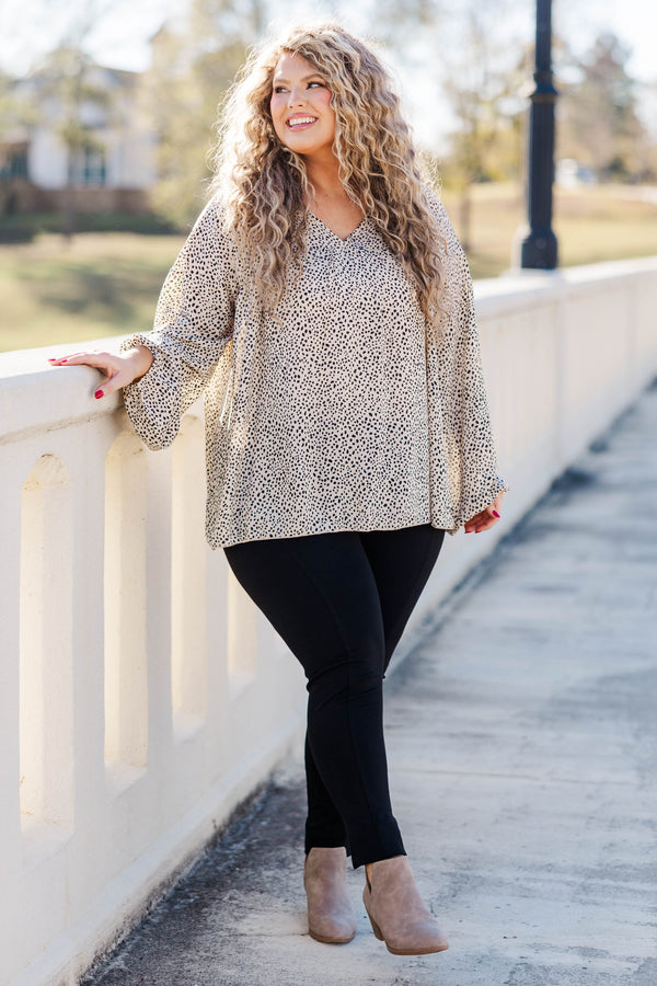 Chic Soul plus size clothing, taupe colored leopard pattern top with bubble sleeves and a v neckline