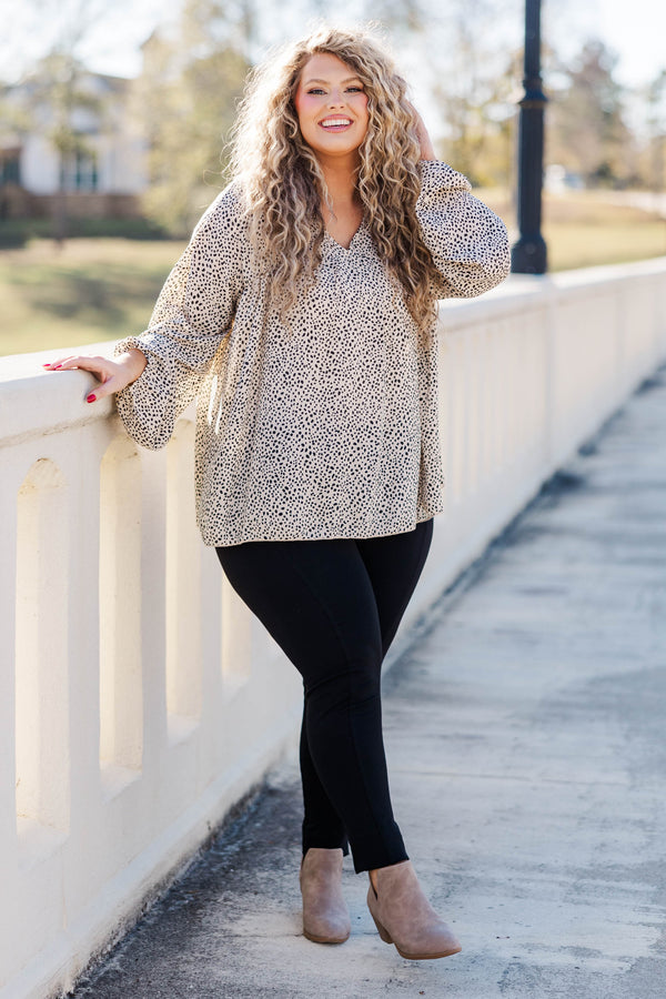 Chic Soul plus size clothing, taupe colored leopard pattern top with bubble sleeves and a v neckline