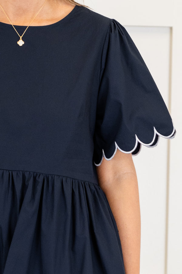 Chic Soul plus size clothing, short sleeve scallop trim tiered navy short dress