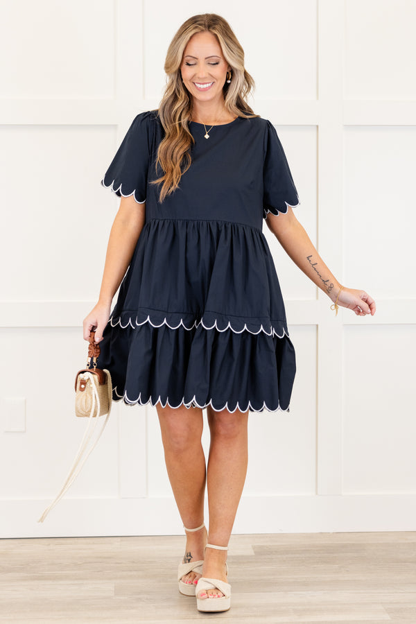 Chic Soul plus size clothing, short sleeve scallop trim tiered navy short dress