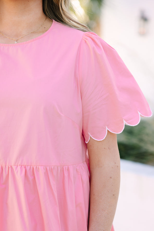 Chic Soul plus size clothing, bubblegum knee length dress with two tiers that have a a white scalloped detail at the bottom of each tier and as also along the bottom of each sleeve 