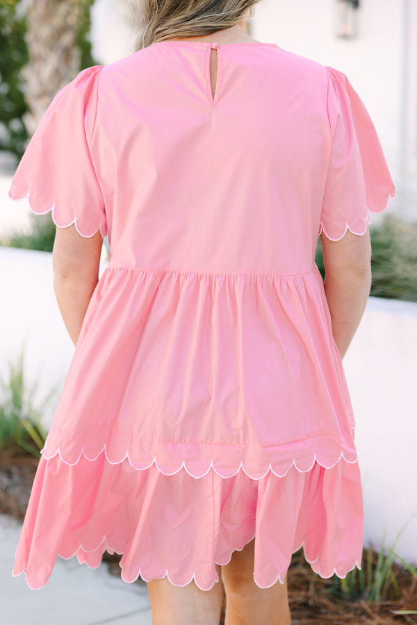 Chic Soul plus size clothing, bubblegum knee length dress with two tiers that have a a white scalloped detail at the bottom of each tier and as also along the bottom of each sleeve 