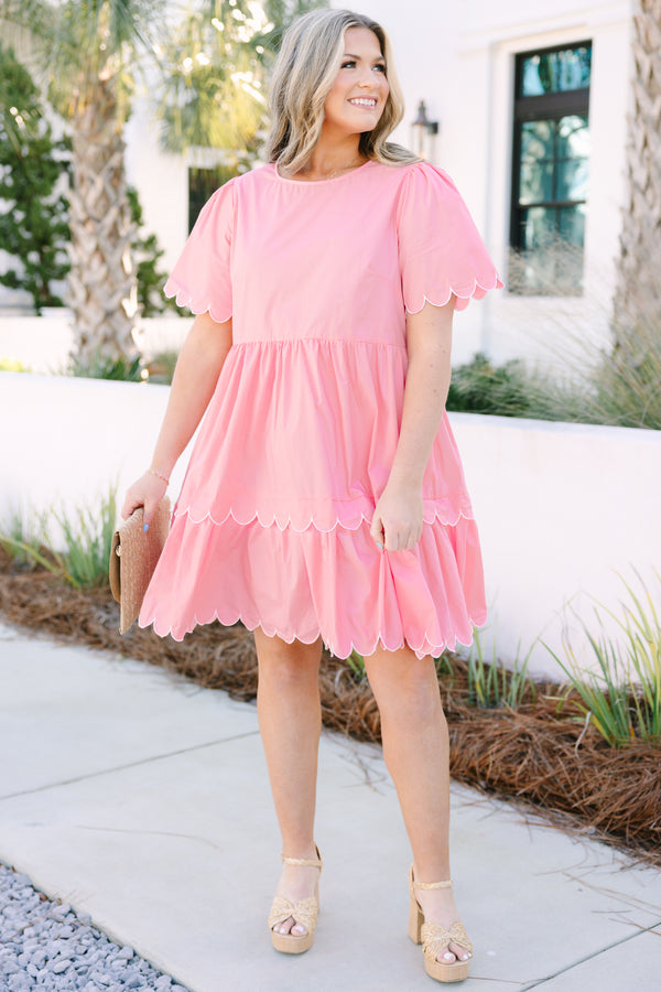 Chic Soul plus size clothing, bubblegum knee length dress with two tiers that have a a white scalloped detail at the bottom of each tier and as also along the bottom of each sleeve 