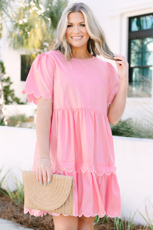 Chic Soul plus size clothing, bubblegum knee length dress with two tiers that have a a white scalloped detail at the bottom of each tier and as also along the bottom of each sleeve 