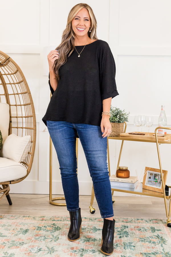 Chic Soul plus size clothing, short-sleeve waffle-knit black top with high-scoop-neckline