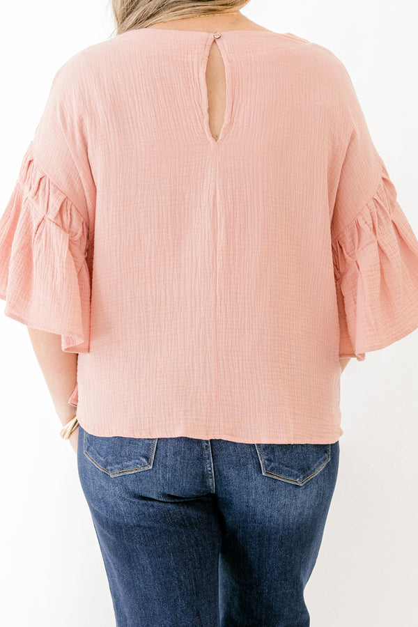 Chic Soul plus size clothing, ruffled short-sleeve blush pink top with scoop-neckline 