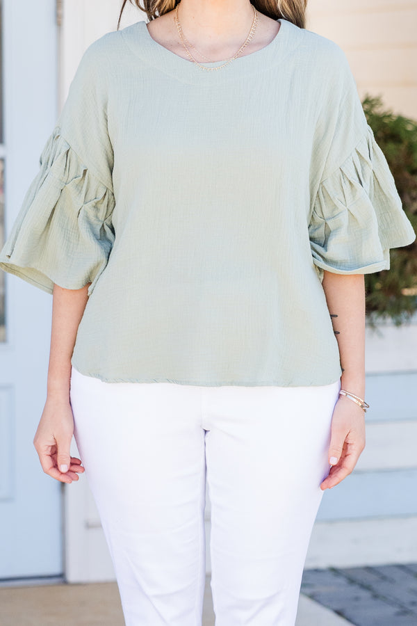 Chic Soul plus size clothing, short sleeve sage top with uniquely ruffled sleeves