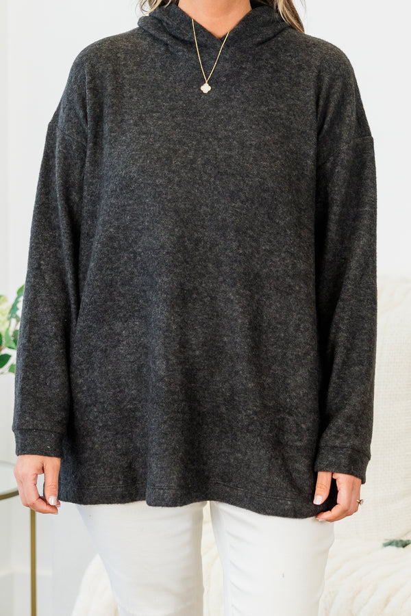 Plus Size black hooded brushed melange hacci sweater top with long sleeves and a relaxed fit.