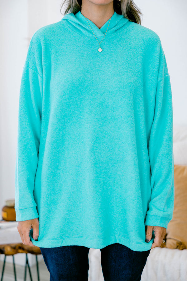 Chic Soul plus size clothing, Turquoise long sleeve sweater with a hoodie