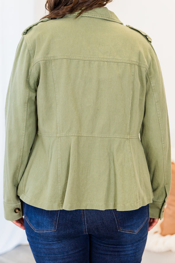 Chic Soul plus size clothing, olive green long sleeve shacket with brown buttons and pockets at the top
