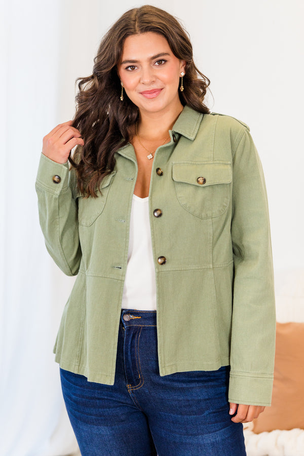 Chic Soul plus size clothing, olive green long sleeve shacket with brown buttons and pockets at the top