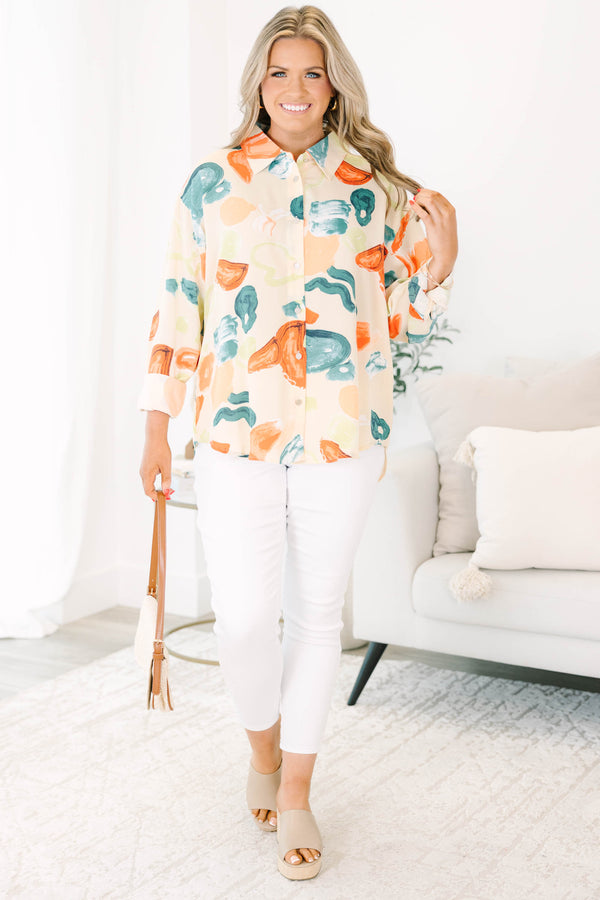 Chic Soul plus size clothing, button-up long sleeve top with a green, blue, and orange watercolor abstract pattern