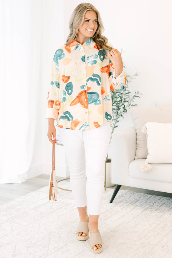 Chic Soul plus size clothing, button-up long sleeve top with a green, blue, and orange watercolor abstract pattern