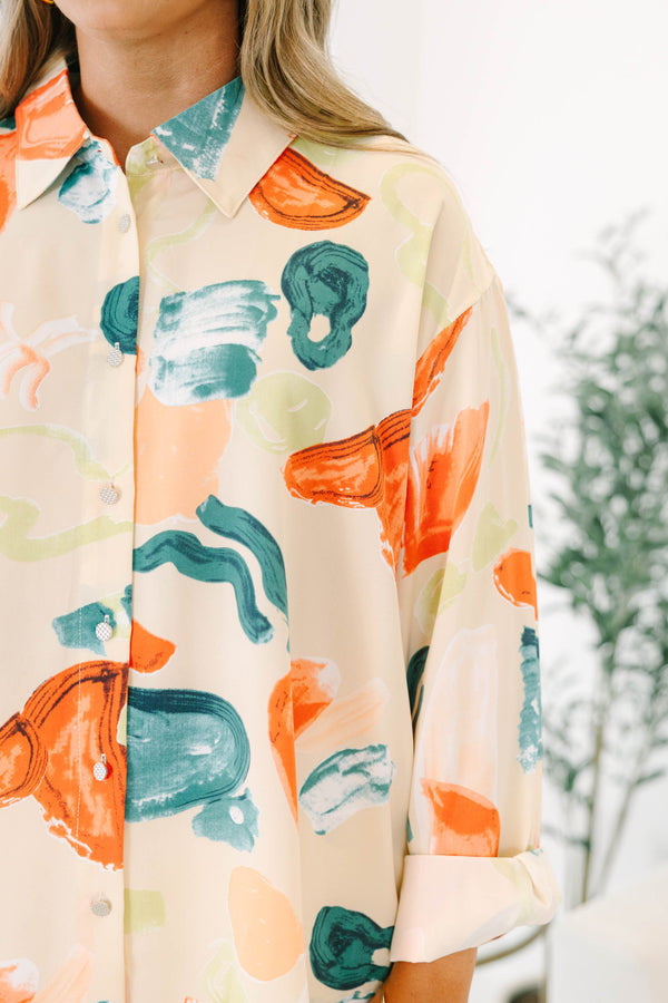 Chic Soul plus size clothing, button-up long sleeve top with a green, blue, and orange watercolor abstract pattern