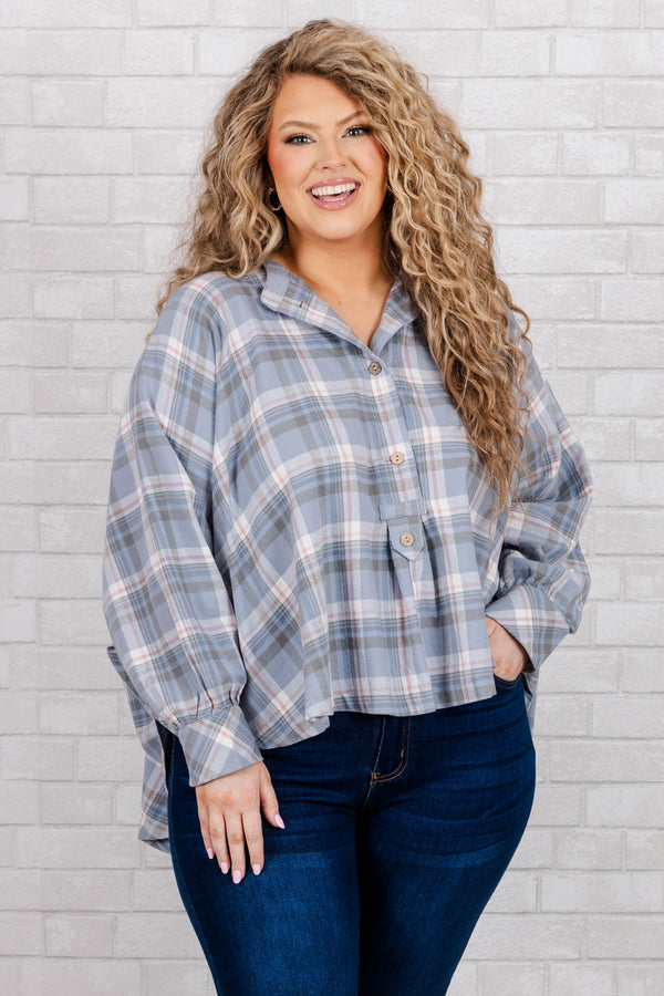 Chic Soul plus size clothing, blue grey plaid  top with buttons and bubble sleeves