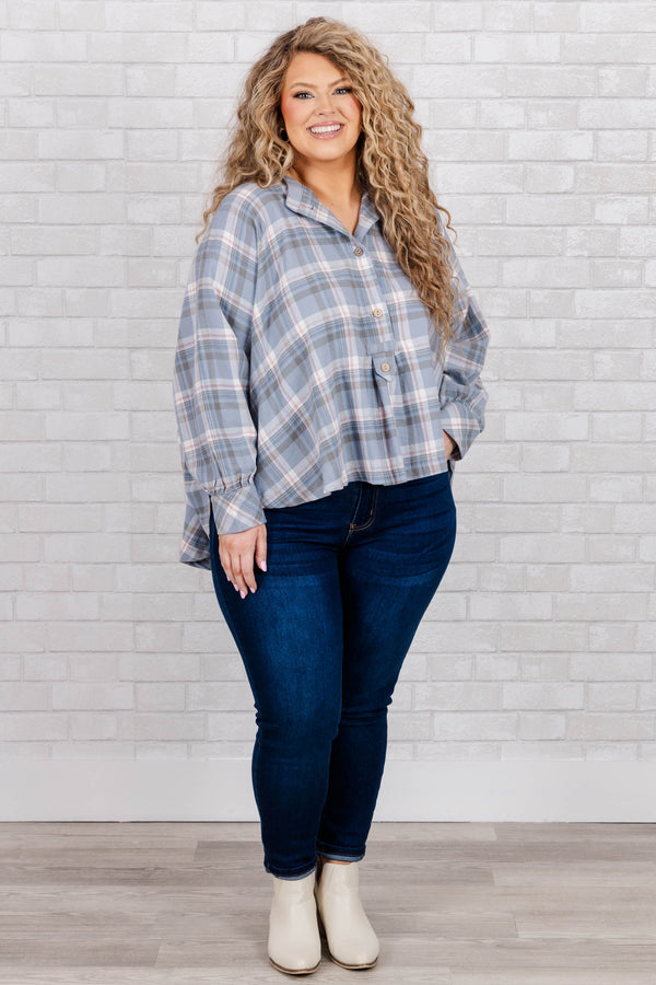 Chic Soul plus size clothing, blue grey plaid top with buttons and bubble sleeves