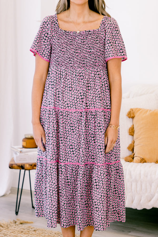 Chic Soul plus size clothing, short-sleeve black mix midi ruffled baby doll dress with pink piping and a subtle pink and black abstract pattern 