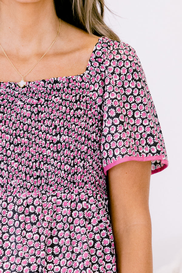 Chic Soul plus size clothing, short-sleeve black mix midi ruffled baby doll dress with pink piping and a subtle pink and black abstract pattern 