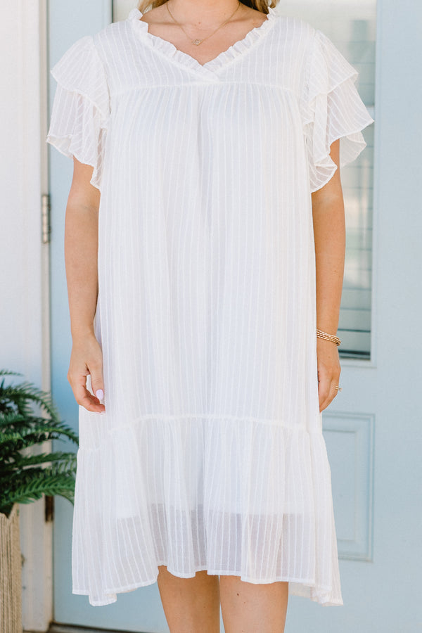 Chic Soul plus size clothing, white flowy dress with flowy ruffle sleeves and ruffle details on neckline