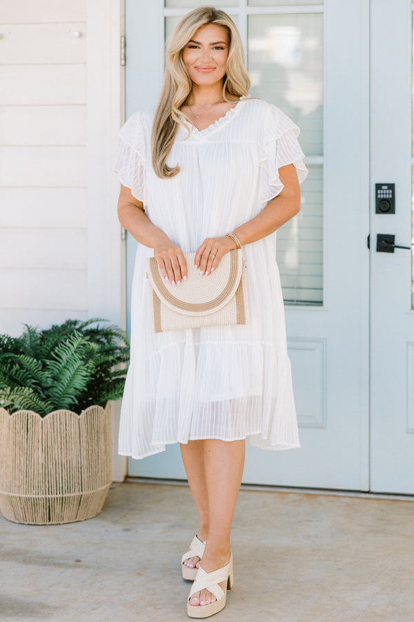 Chic Soul plus size clothing, white flowy dress with flowy ruffle sleeves and ruffle details on neckline