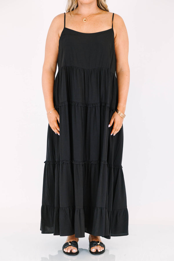 Chic Soul plus size clothing, spaghetti strap black ruffled maxi dress 
