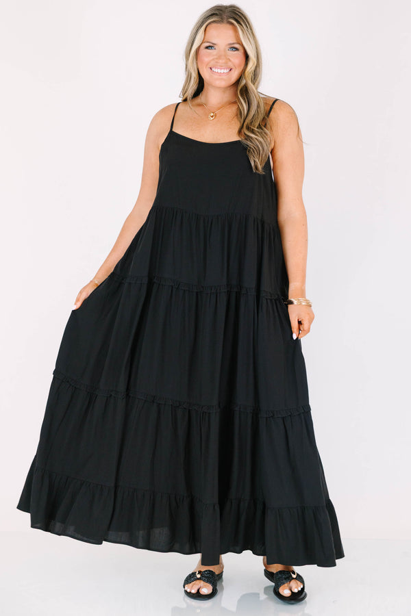 Chic Soul plus size clothing, spaghetti strap black ruffled maxi dress 