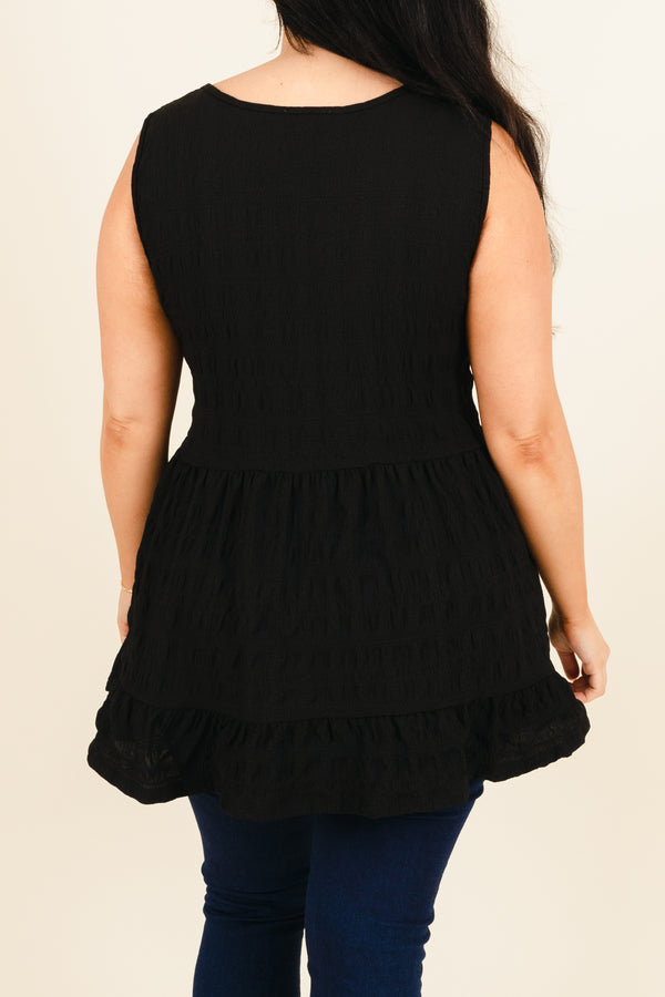 Chic Soul plus size clothing, black babydoll tank with ruffle hemline