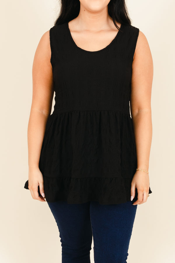 Chic Soul plus size clothing, black babydoll tank with ruffle hemline