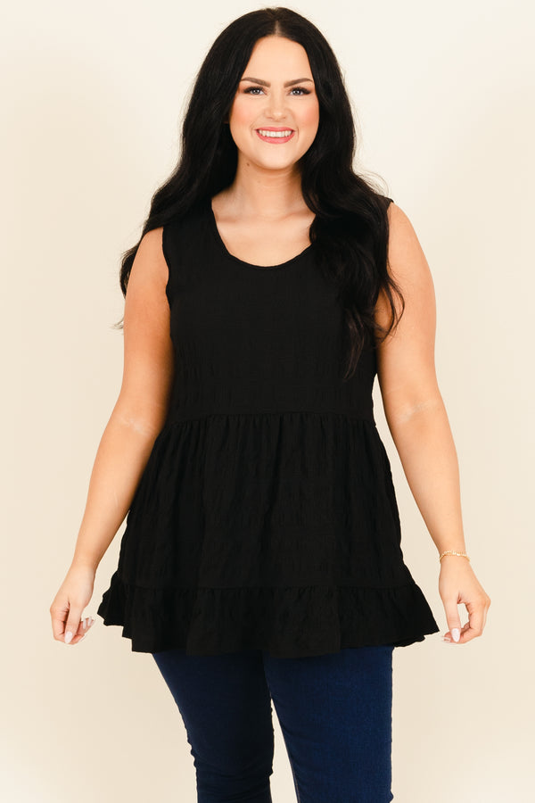 Chic Soul plus size clothing, black babydoll tank with ruffle hemline