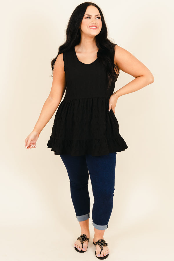 Chic Soul plus size clothing, black babydoll tank with ruffle hemline