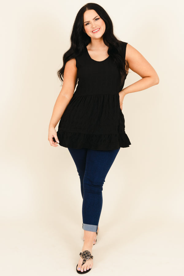 Chic Soul plus size clothing, black babydoll tank with ruffle hemline
