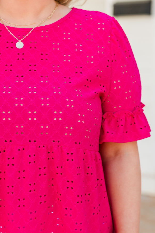 Chic Soul plus size clothing, fuchsia short sleeve top with eyelet detailing