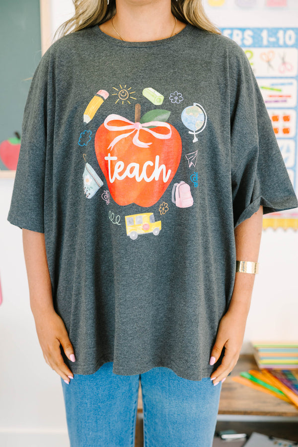 Chic Soul plus size clothing, charcoal gray half sleeve school themed graphic tee with red apple that says 