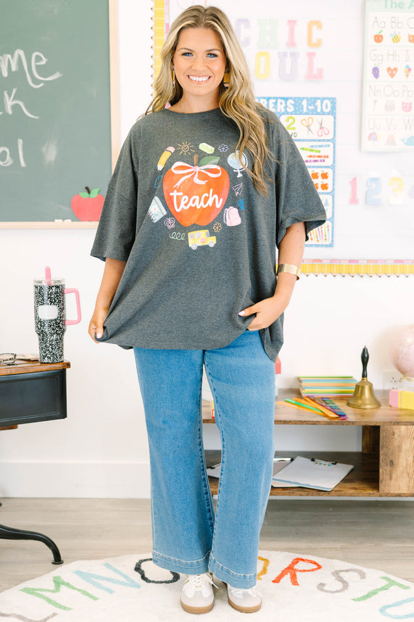 Chic Soul plus size clothing, charcoal gray half sleeve school themed graphic tee with red apple that says 