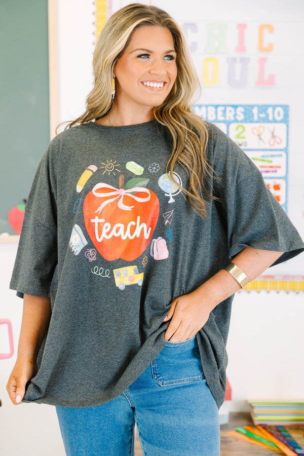 Chic Soul plus size clothing, charcoal gray half sleeve school themed graphic tee with red apple that says 