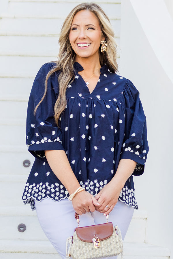 Chic Soul plus size clothing, short-sleeve navy top with white floral embroidering and a v-neckline with a scalloped hem 
