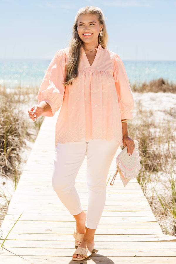 Chic Soul plus size clothing, mid sleeve pink top with embroidery 