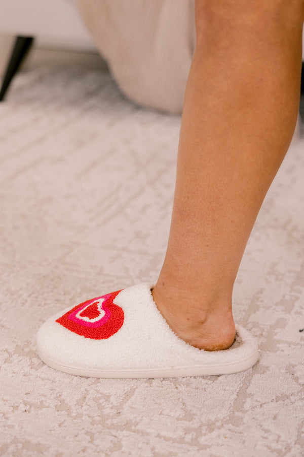 Chic Soul plus size clothing, white sipper with a red white and pink heart on top of each slipper 