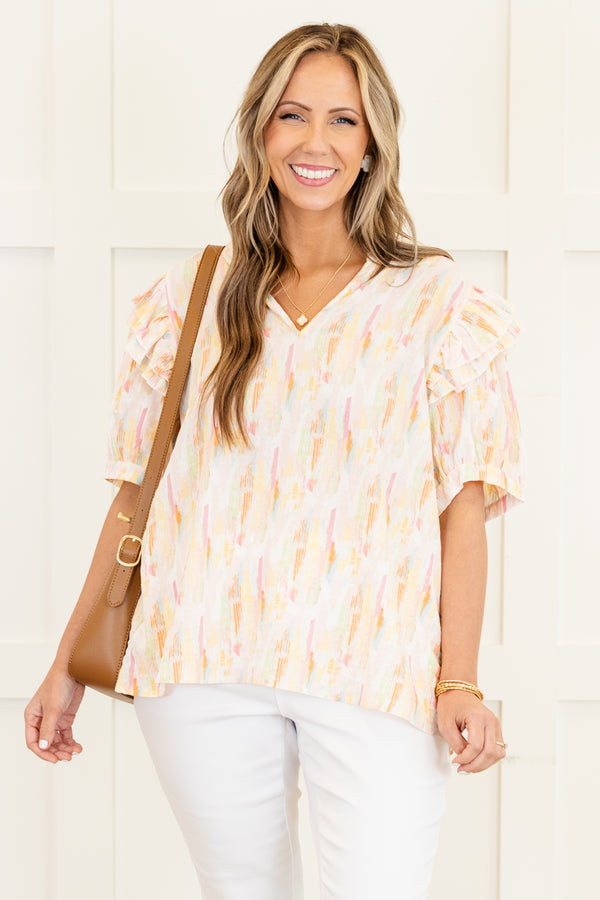 Chic Soul Plus size clothing, Pink short sleeve top with ruffle details on sleeves and watercolor pattern 