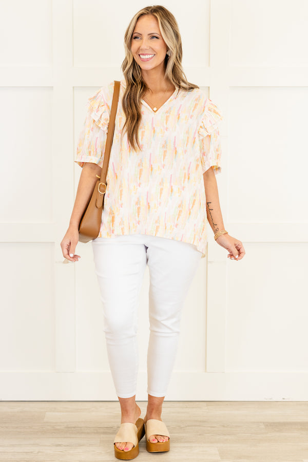 Chic Soul Plus size clothing, Pink short sleeve top with ruffle details on sleeves and watercolor pattern 