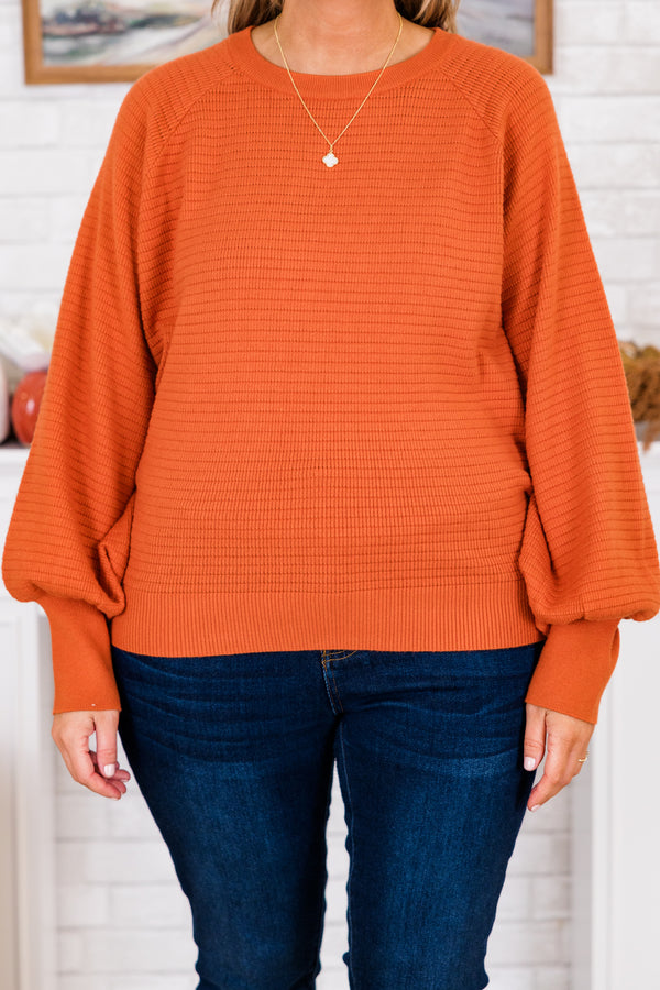 Chic Soul plus size clothing, long-sleeve rust orange knit sweater with balloon sleeves and high-scoop-neckline